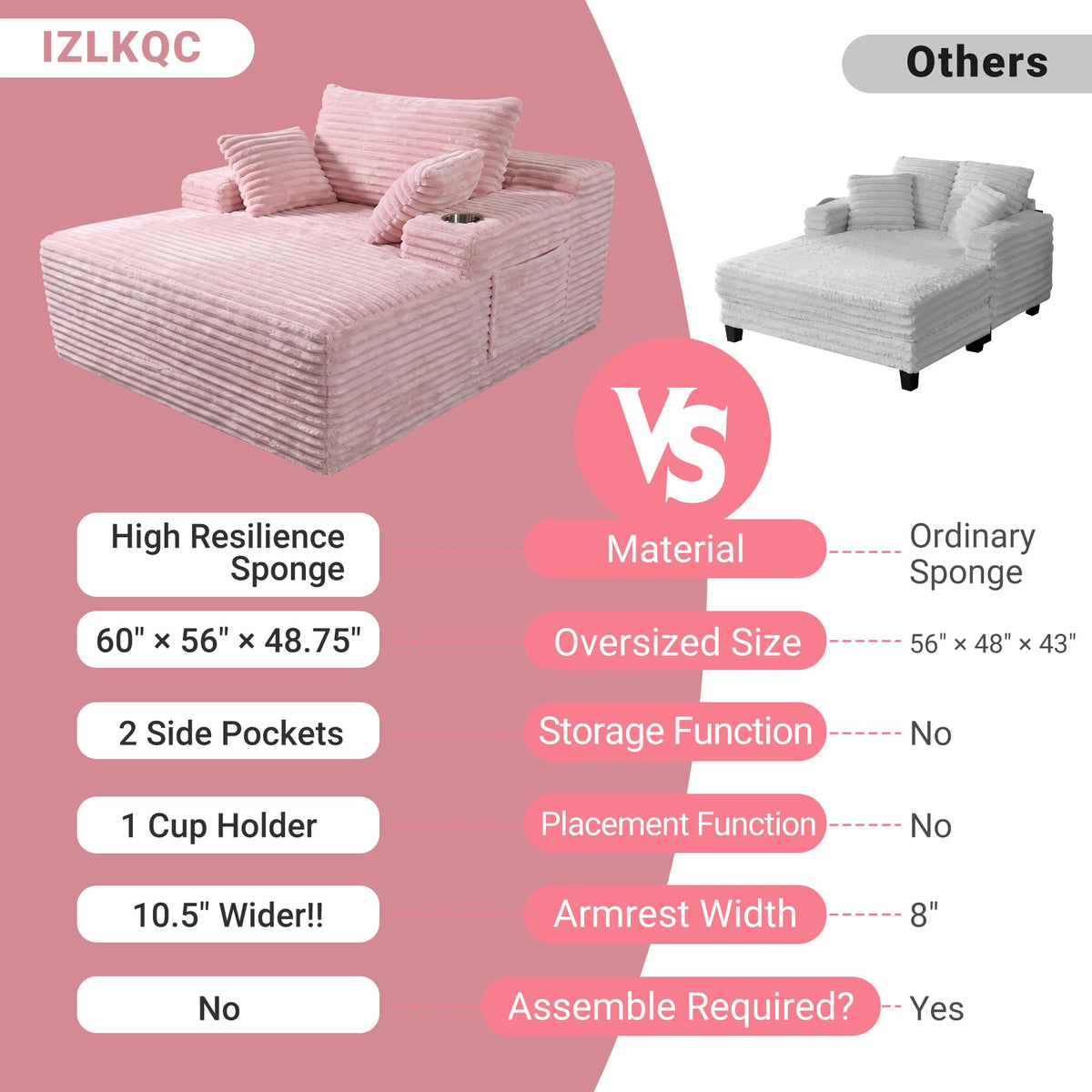 Oversized Chaise Lounge Chair Indoor, Upholstered Boneless Sofa Bed, Corduroy Deep Seat Sleeper Couch Reading Chairs with 1 Cup Holder, 2 Side Pockets & 3 Pillows, No Assembly (Pink, Oversized)