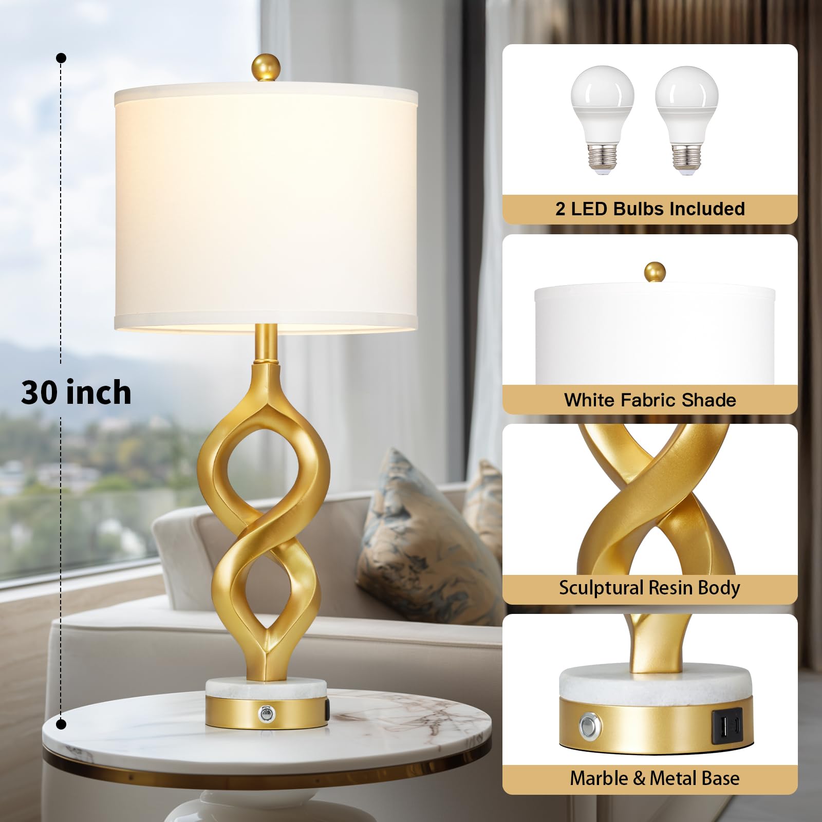 Rinweey White and Gold Table Lamps Set of 2 for Living Room, 30" Tall Touch Control Bedside Lamps for Bedroom Nightstand, 3-Way Dimmable Modern Decorative Table Lamp with USB A+C Ports and 2 LED Bulbs