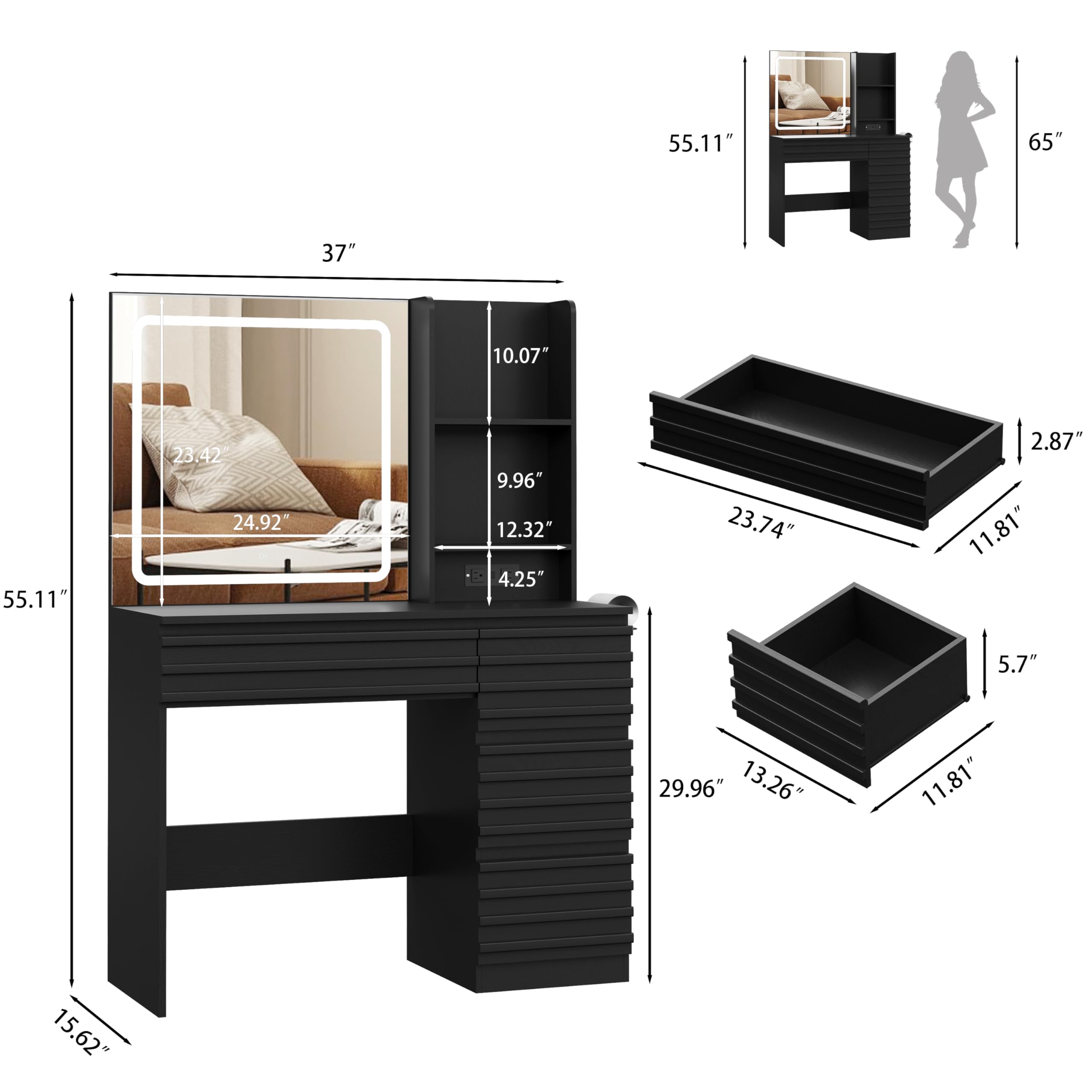jmhdyg Makeup Vanity Desk with Lights, Fluted Vanity with 4 Drawers, Open Shelves, Power Outlet, LED Lighted Mirror, 3 Lighting Modes & Brightness Adjustable, Wood Dressing Table for Bedroom,Black