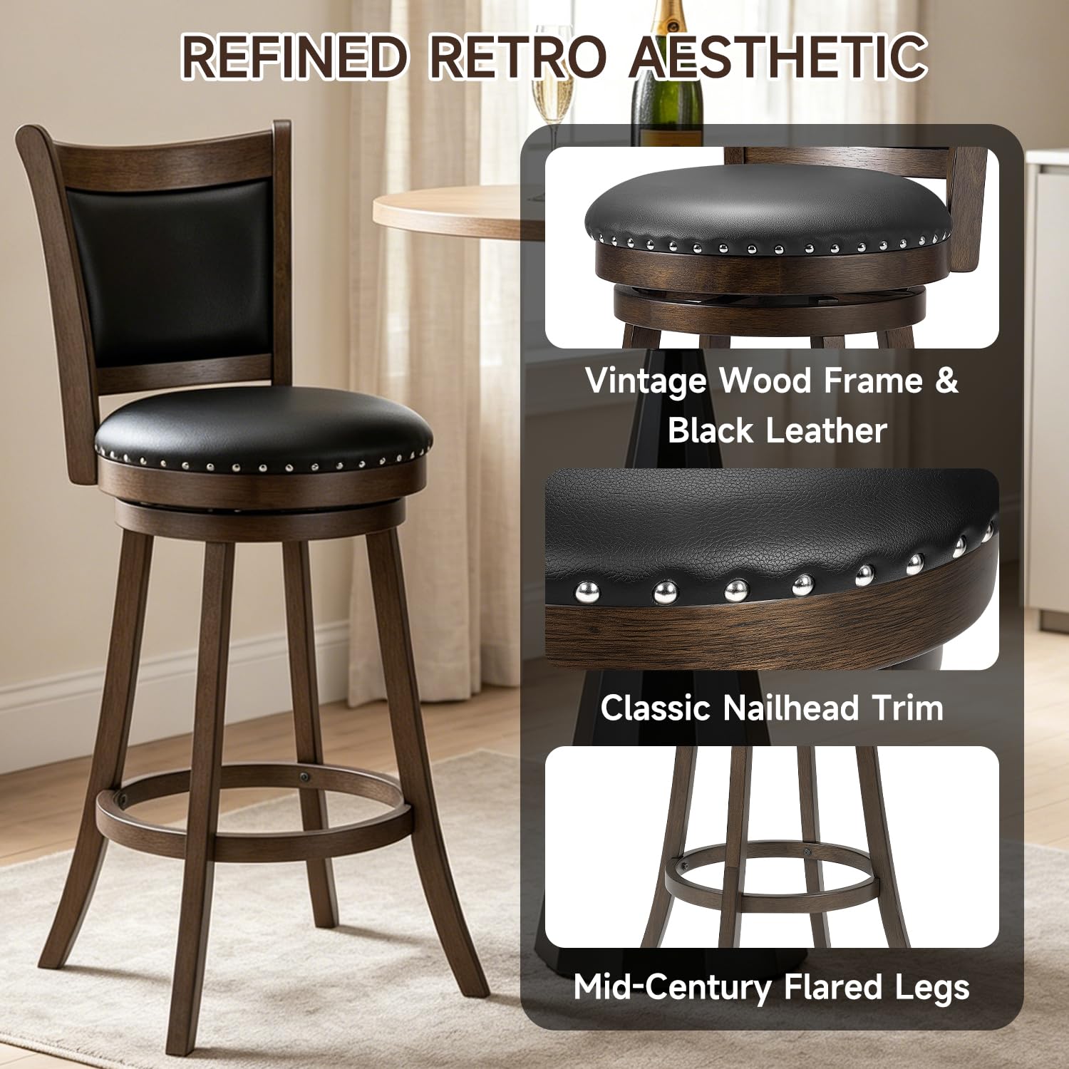 Swivel Bar Stools Set of 4 with Back & Footrest
