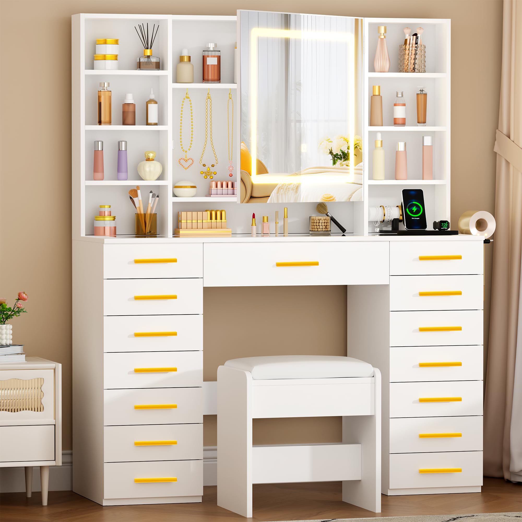 YUNSCEND White Vanity Desk with LED Lighted Mirror, 15 Drawers Makeup Vanity Table with Transparent Glass Top Power Outlet 9 Shelves 8 Hooks Large Dressing Table with Stool for Girls Women UXFST012W