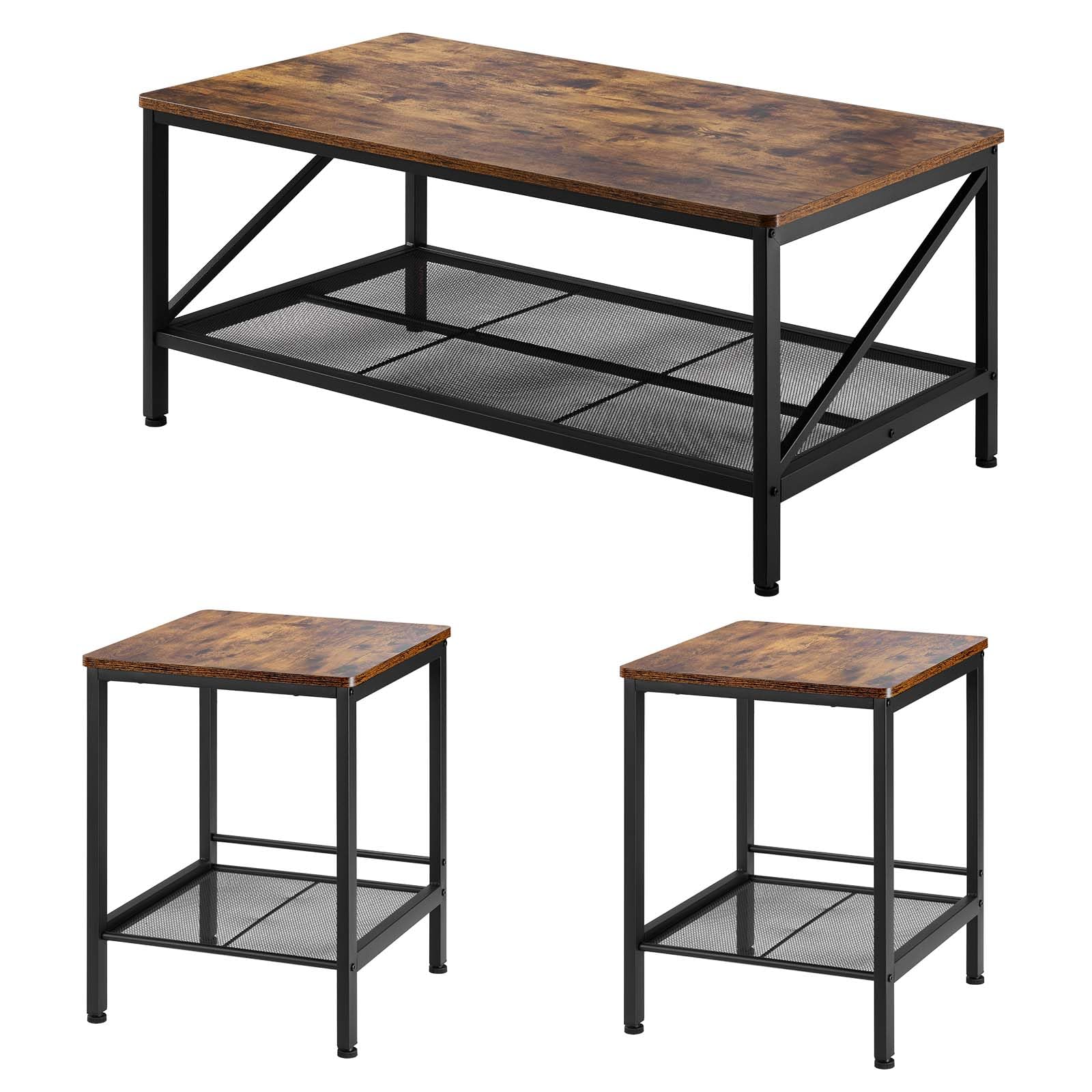3-Piece Living Room Coffee & End Table Set with Metal Legs