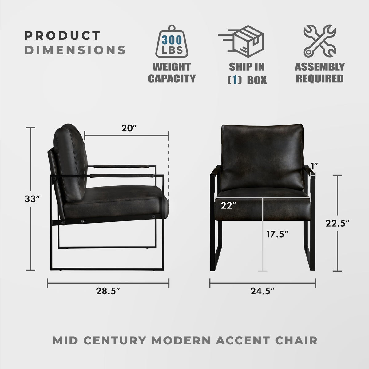 Lexicon Faux Leather Accent Chair, Exposed Metal Frame, Charcoal Brown