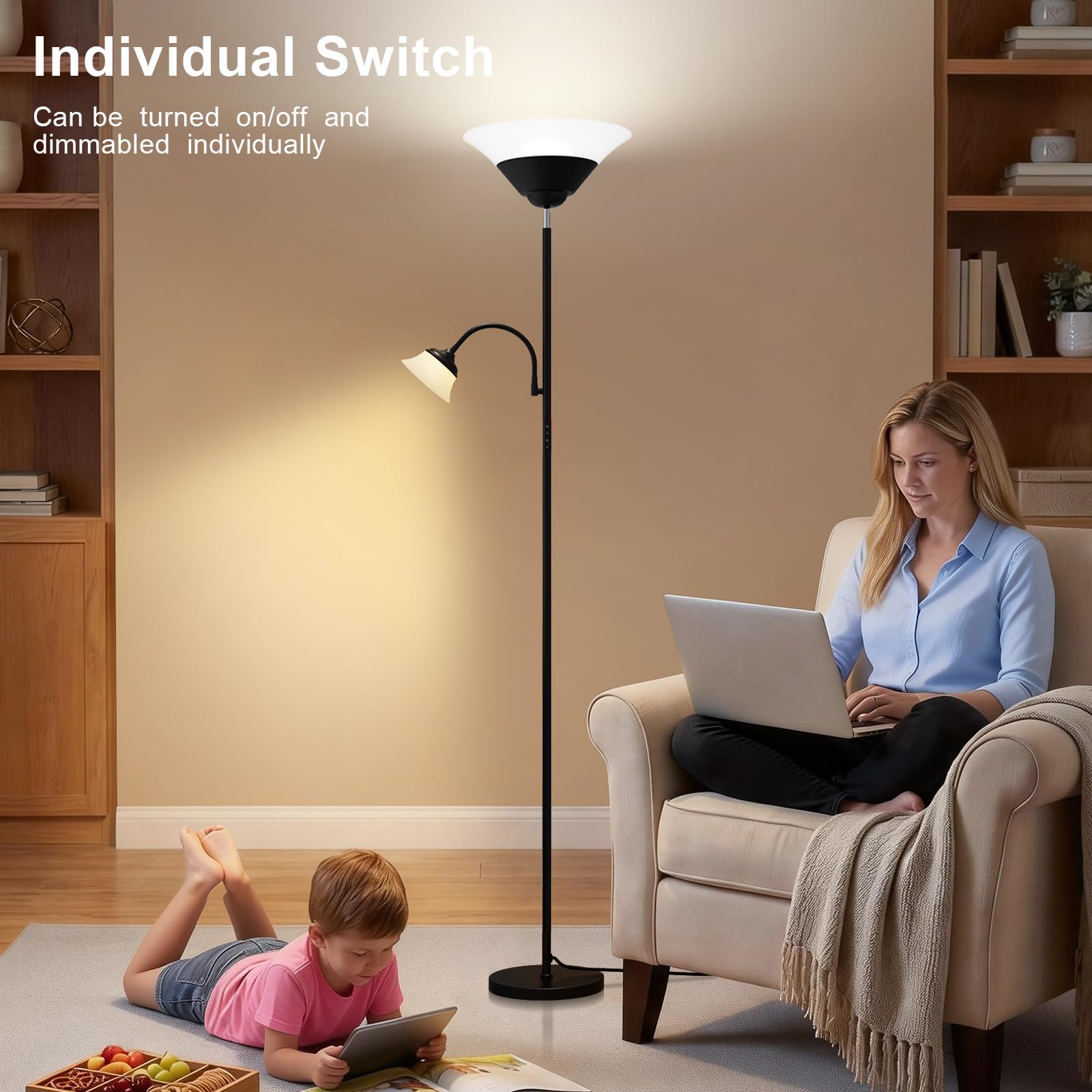 SIBRILLE 2-in-1 Torchiere Floor Lamp, 34W Super Bright LED Standing Lamp with Remote & Touch Control, 72" Dimmable Adjustable Corner Reading Lamp for Living Room, Bedroom, Office, Black