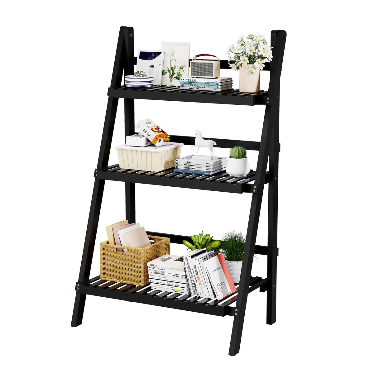 39.4" Foldable Ladder Shelf Plant Shelf, 3 Tier Bamboo Ladder Bookshelf