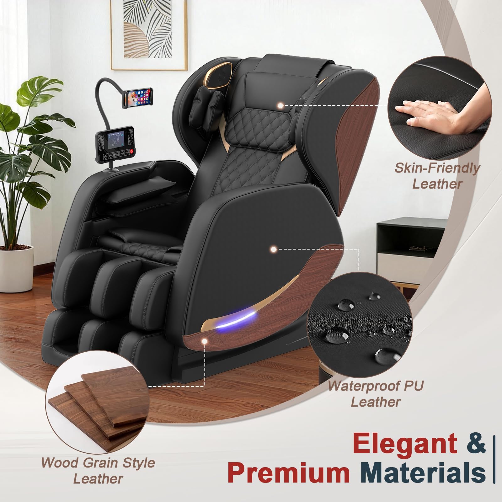 2026 Massage Chair, Massage Chairs Full Body and Recliner with 10 Fixed Points, Zero Gravity, Wood Grain Leather, Foot Massage, Airbags, Lumbar Heating, Bluetooth and Control Screen (Leather Black)