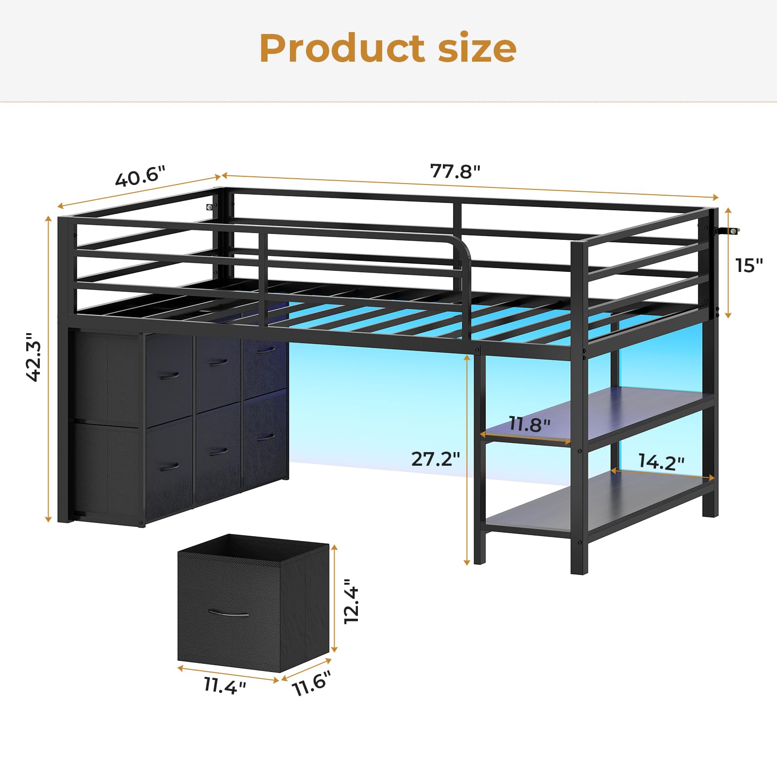ADORNEVE Low Loft Bed Twin Size with 6 Storage Drawers, Twin Loft Bed with LED Lights, Metal Kids Loft Bed with Open Storage Shelves, Twin Bed Frame with 15" H Safety Guardrail for Kids, Black