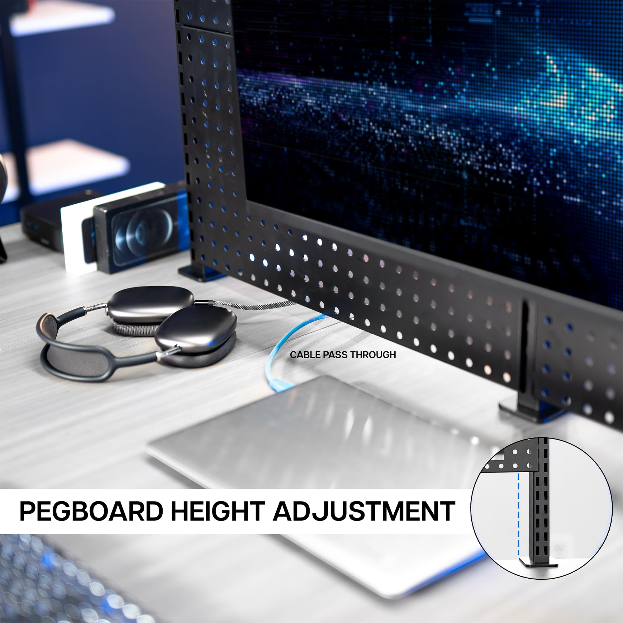 Desk Pegboard System with Dual Monitor Mounts & Storage Shelf