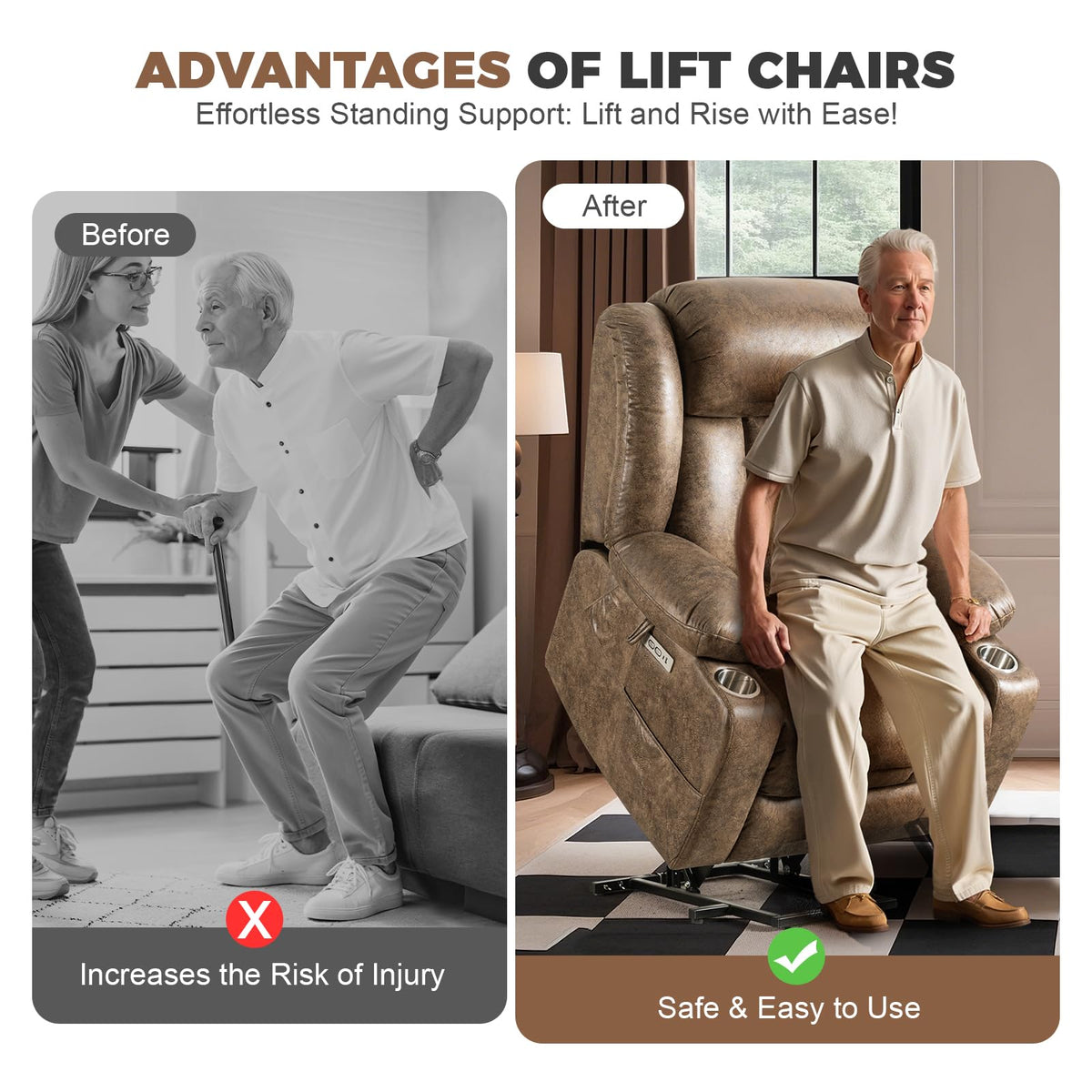 HUSFU Power Lift Recliner with Massage & Heat for Elderly, Leather, Brown
