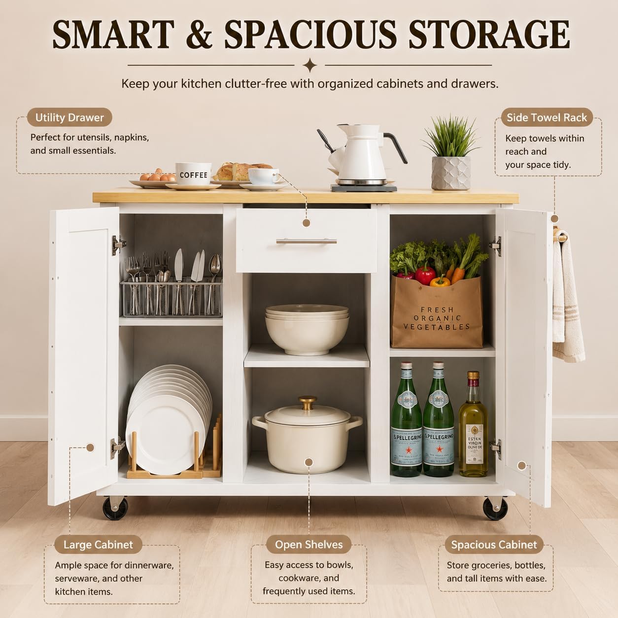 SUNLEI Island Table for Kitchen with Storage, Portable Kitchen Island Cart with Drop Leaf, Rolling Kitchen Island Table with Drawer, Cabinet & Towel Rack, Farmhouse Kitchen Island, White