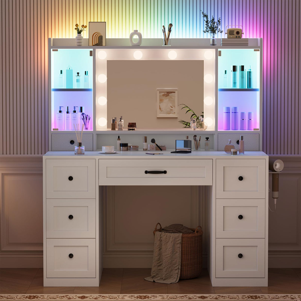 Makeup Vanity Desk with Mirror and Lights, 9 Storage Drawers, 2 RGB Cabinet