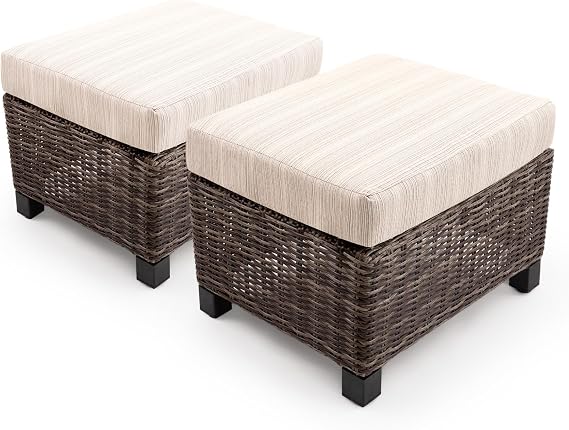 Outdoor Wicker Ottomans, Set of 2