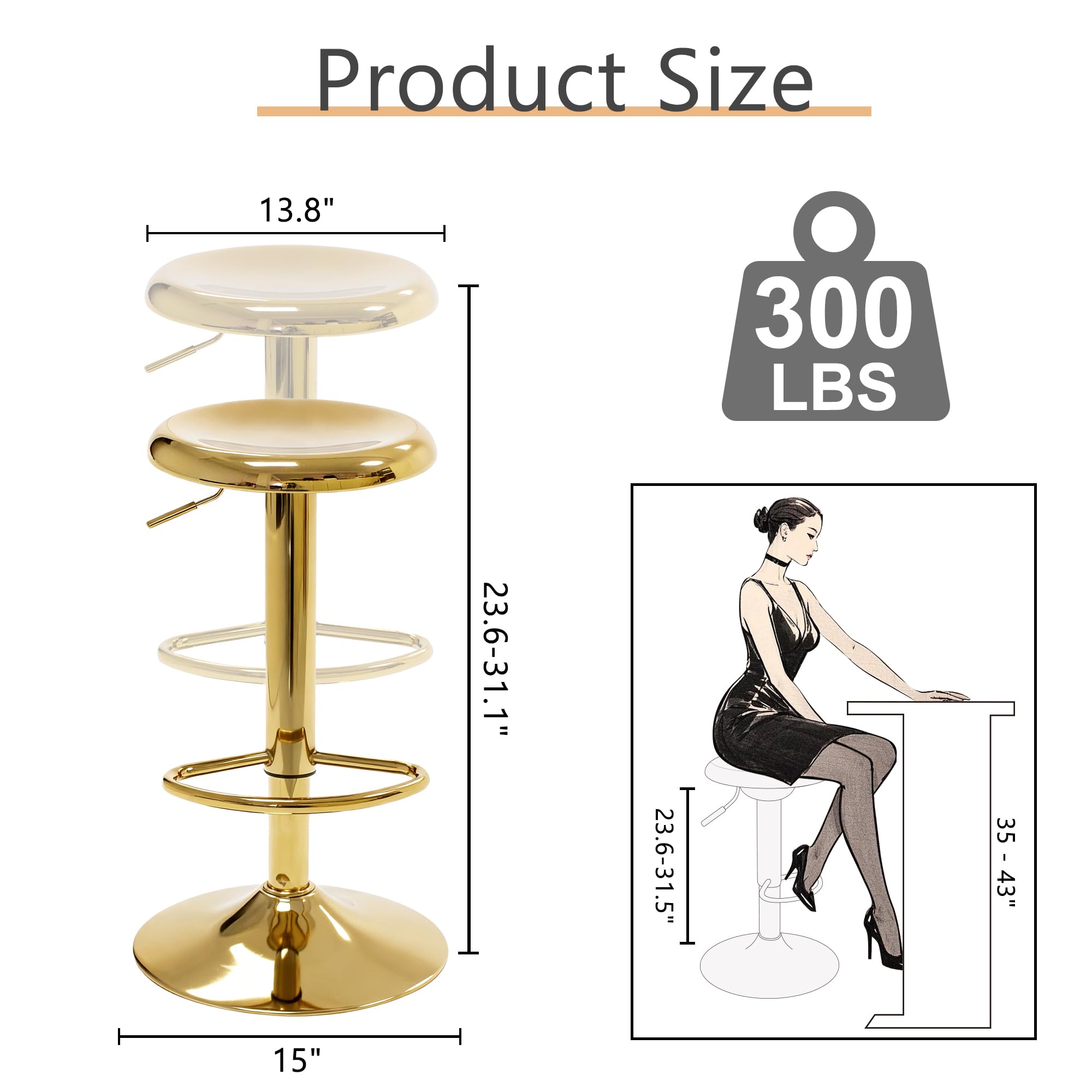 CAROLMADE Bar Stools Set of 2, Adjustable Metal Bar stools Swivel Counter Height Stool, Backless Barstools for Kitchen Island Pub, Gold