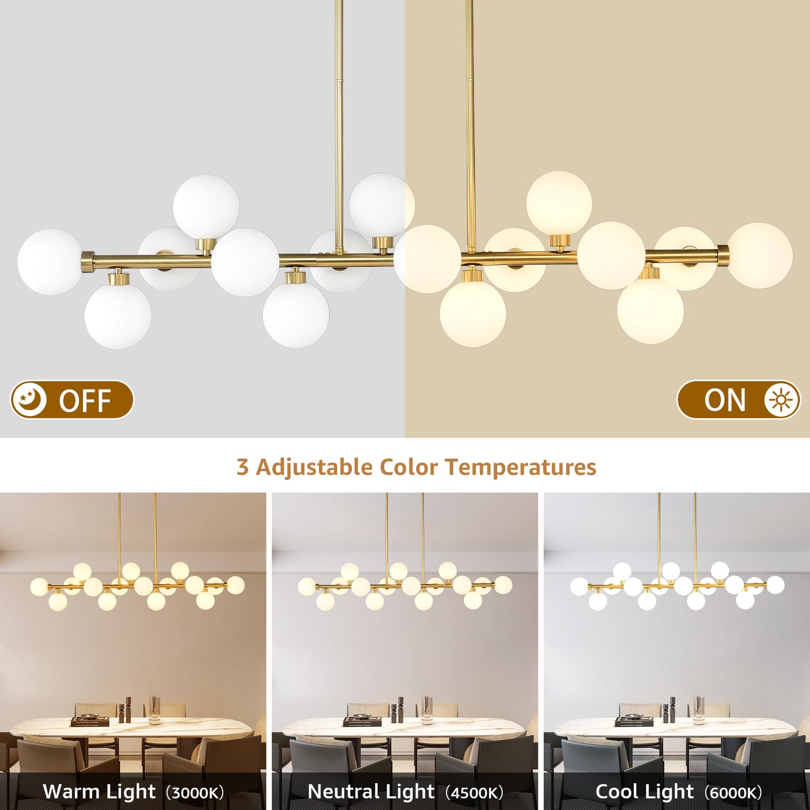 EGM 55" L Gold Linear Chandelier, 16-Light Bubble Chandeliers for Dining Room Foyer, Modern Sputnik Light Fixture with Milk White Glass Lampshades, Extra Large Kitchen Island Chandeliers Over Table