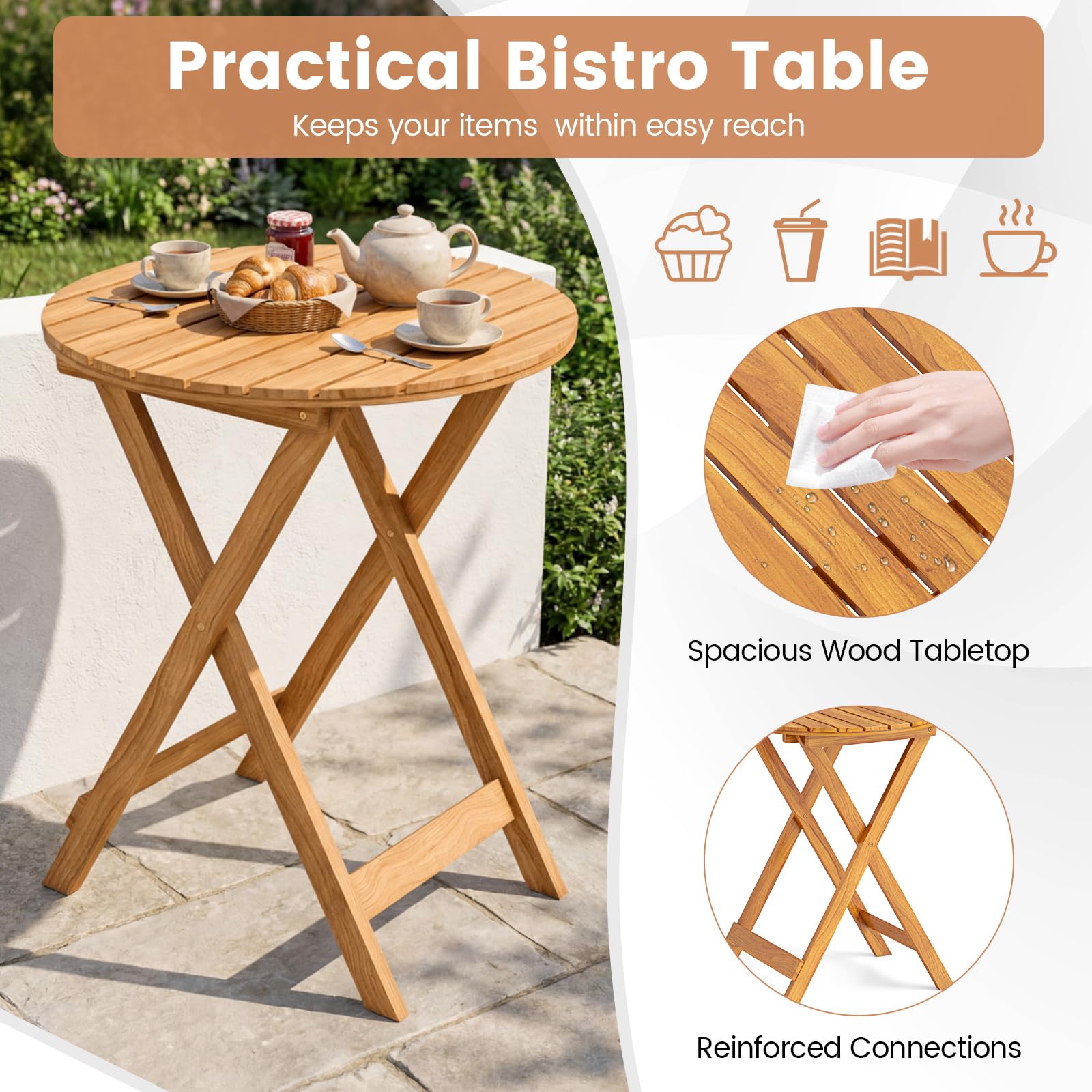 3-Piece Folding Acacia Wood Patio Bistro Set with Cushioned Chairs
