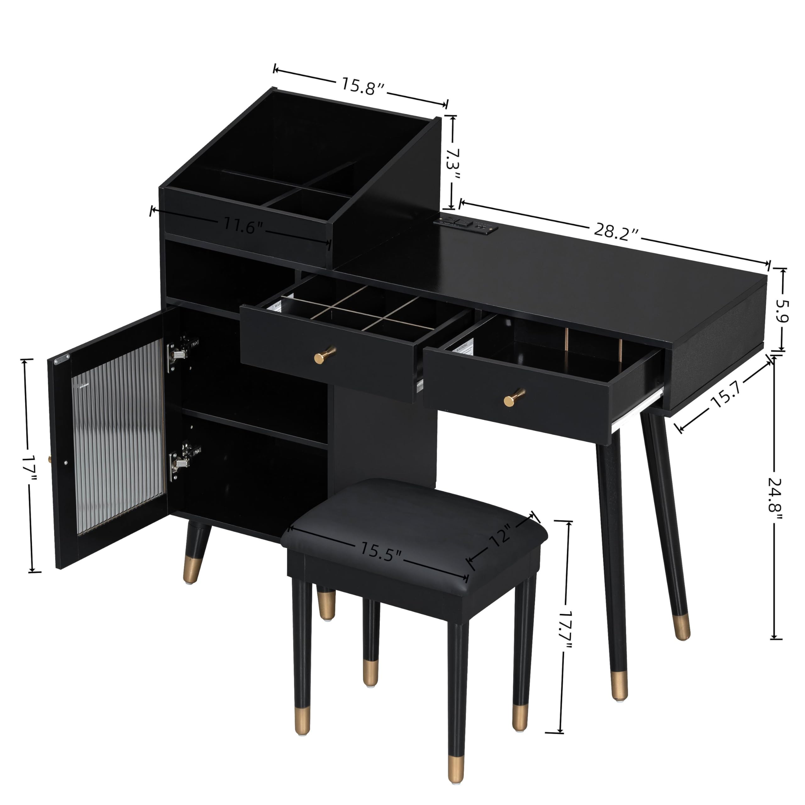 Merax 44" Vanity Desk No Mirror, Modern Black Makeup Vanity Set with Stool and Power Outlet, Writing Desk Dressing Table with 4 Cubby Divided Storage, 2 Drawers & Cabinet for Bedroom Office Dorm
