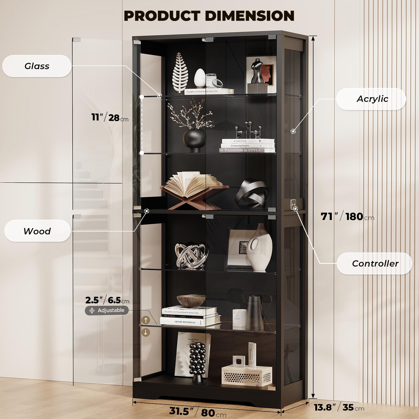 71" 6-Tier Glass Display Cabinet with LED Lighting