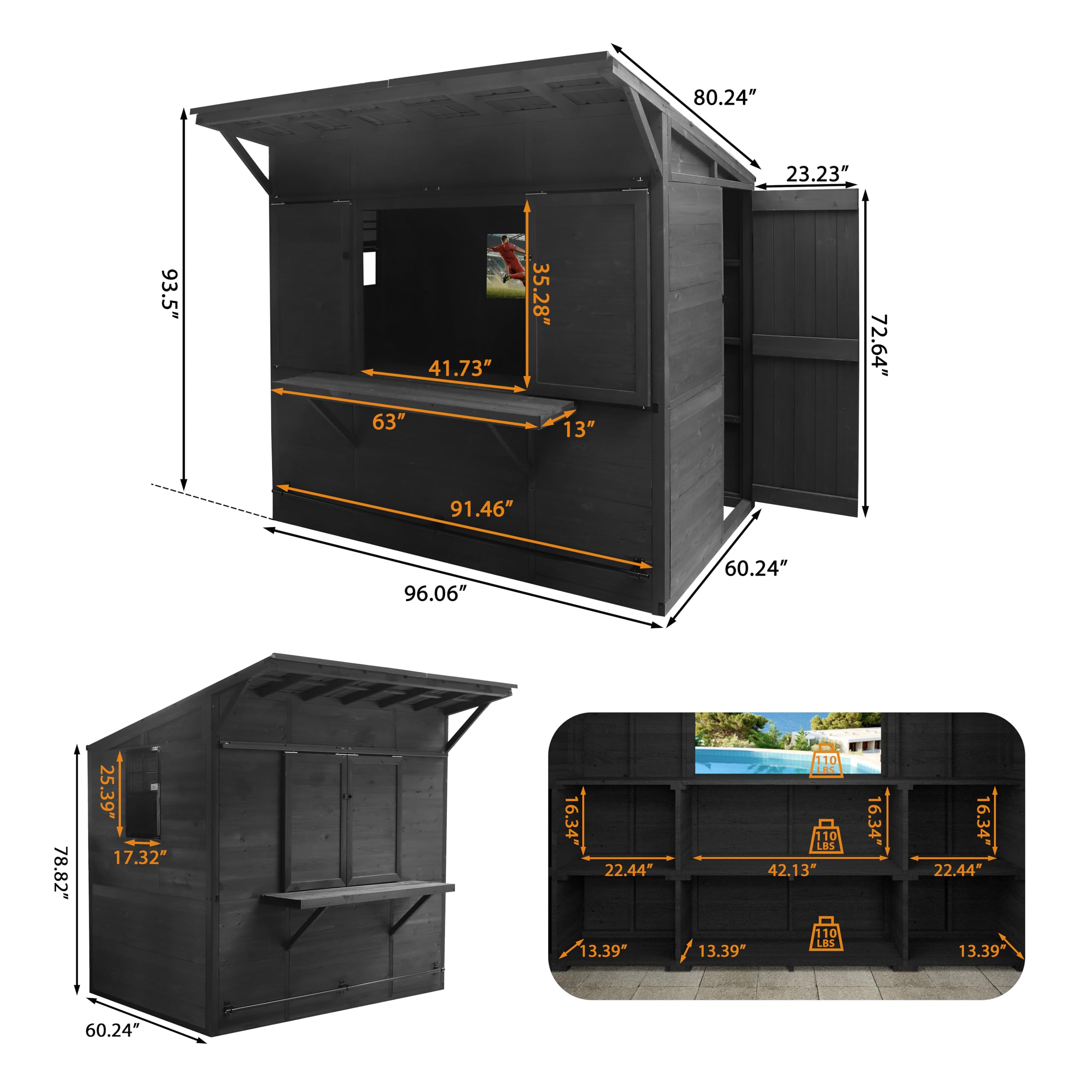 BlueWish 5 x 8 FT Outdoor Bar Shed with Sloped Metal Roof, Cedar Wood Storage Shed Farm Stand with Wall Mount TV Bracket, Lockable Door and Cabinet, Black