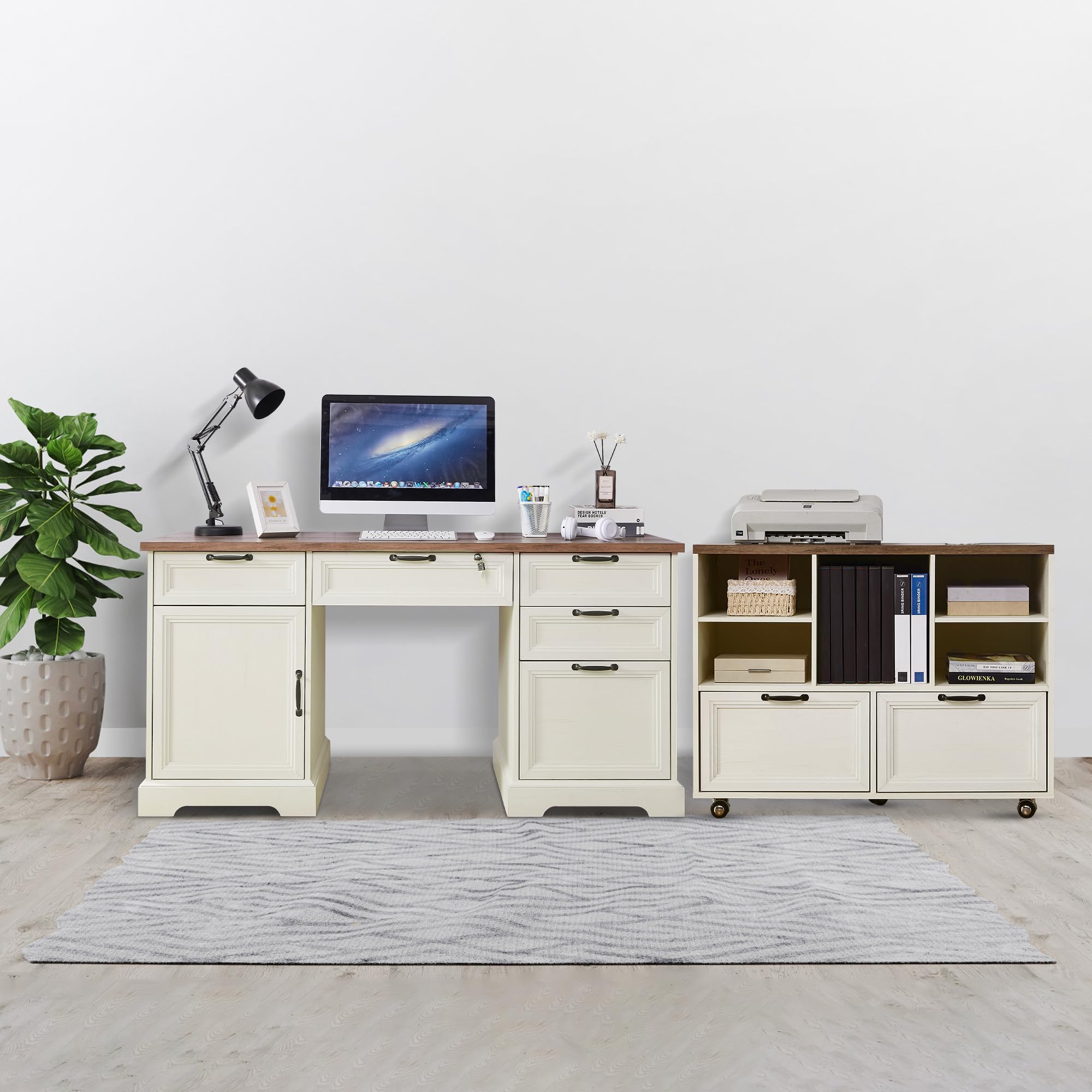 60" Farmhouse Executive Desk with Mobile File Cabinet