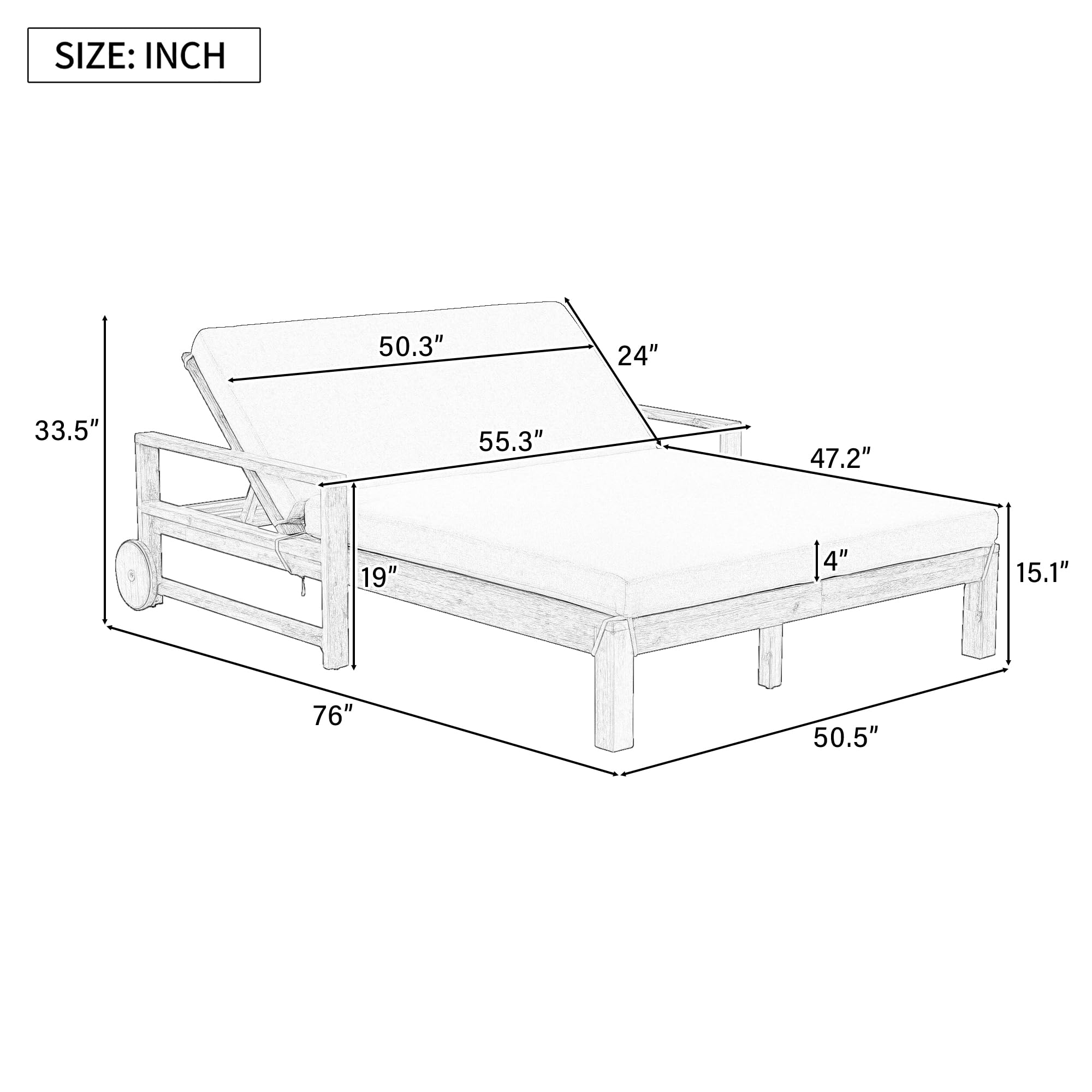 Merax Acacia Wood Outdoor Daybed Sofa, Farmhouse Patio Sun Lounger with Adjustable Backrest, High-Density Cushions & Removable Wheels, Weather Resistant for Garden, Poolside, Backyard, Beige