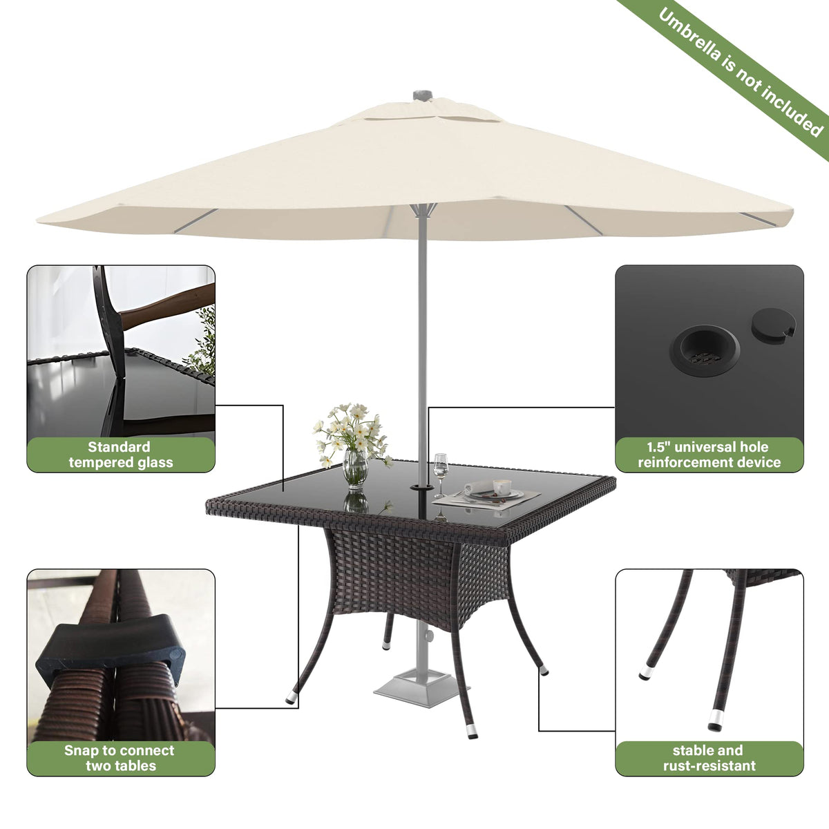 ALAULM 5 Piece Patio Dining Set All-Weather Wicker Outdoor Furniture Set w/Tempered Glass Tabletop, Removable Cushions and Umbrella Hole for Patio, Backyard, Garden, Poolside（Navy）