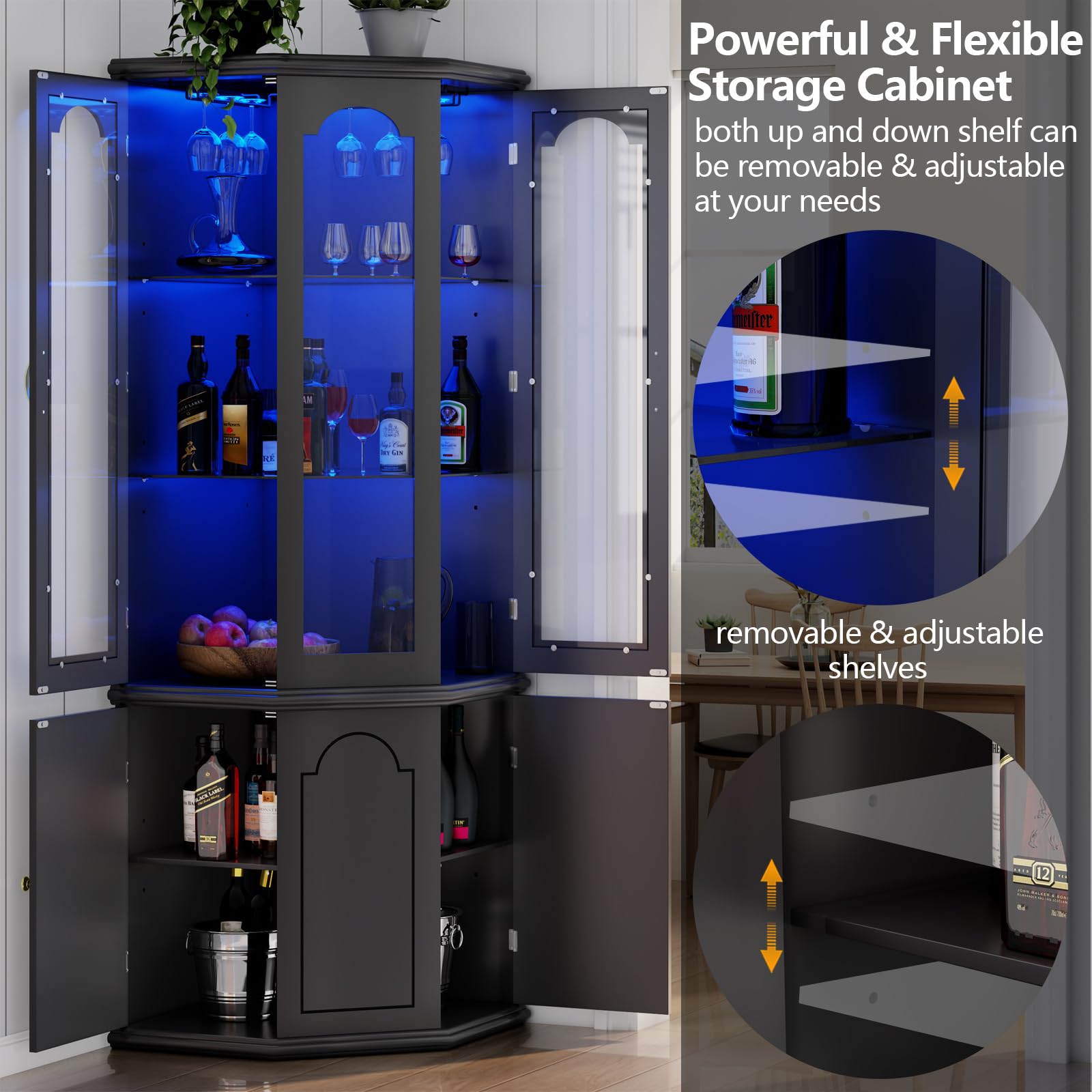 Corner Bar Cabinet with LED Lights & Tempered Glass Door