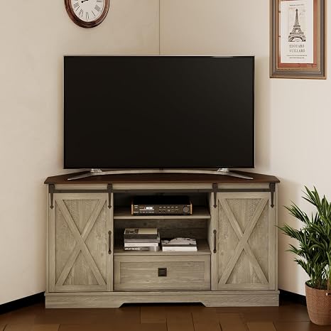 Corner TV Stand with Sliding Barn Doors, 58" x 15.7" x 31"