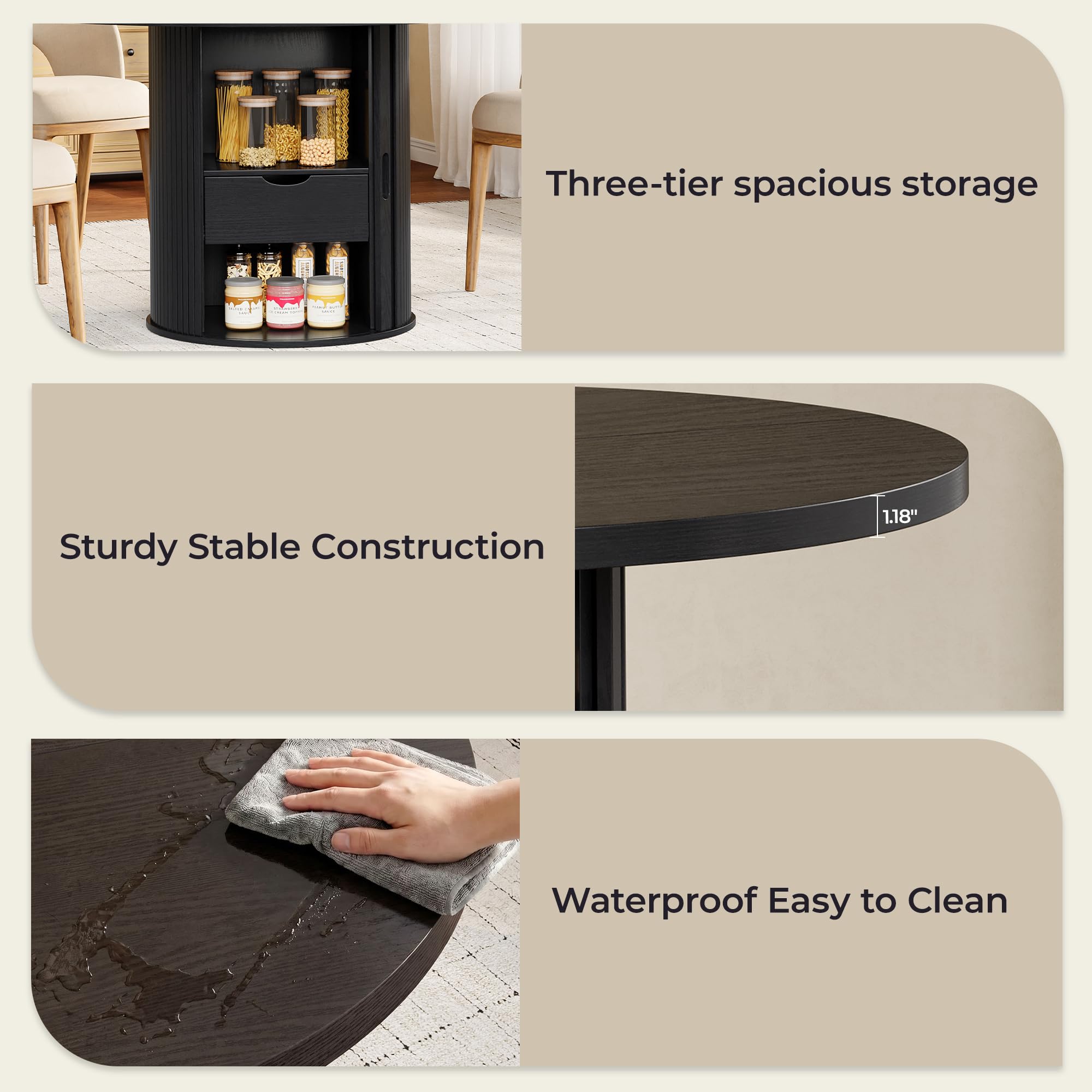 47 Inch Round Dining Table for 4-6, Farmhouse Kitchen Table with 2-Layer Storage Shelf & Drawer and Sliding Door, Sturdy Wooden Dining Table with Fluted Pedestal Base for Kitchen, Living Room, Black