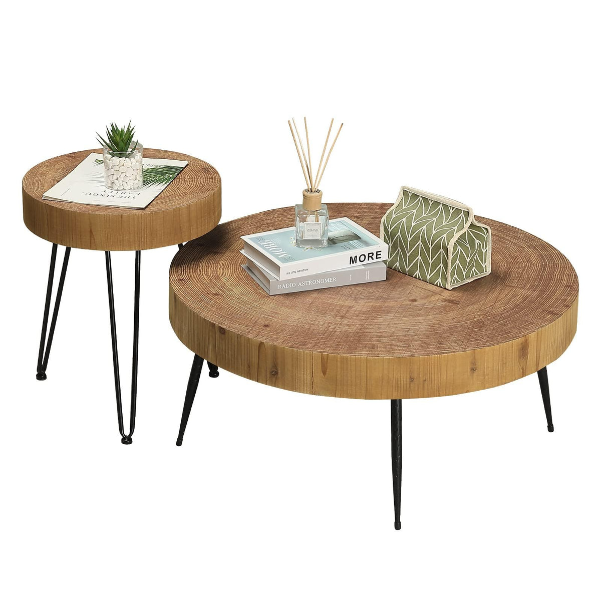 RUSTOWN Farmhouse Round Coffee Table Set of 2, Cocktail Table Sets