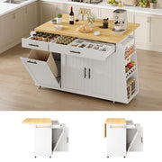 DreamDashio 65" Kitchen Island with Drop Leaf, Rolling Island with Spice Rack & Towel Rack, Mobile Kitchen Island Cart with 2 Draws & Trash Storage Cabinet, Portable Island Table on Wheels for Kitchen