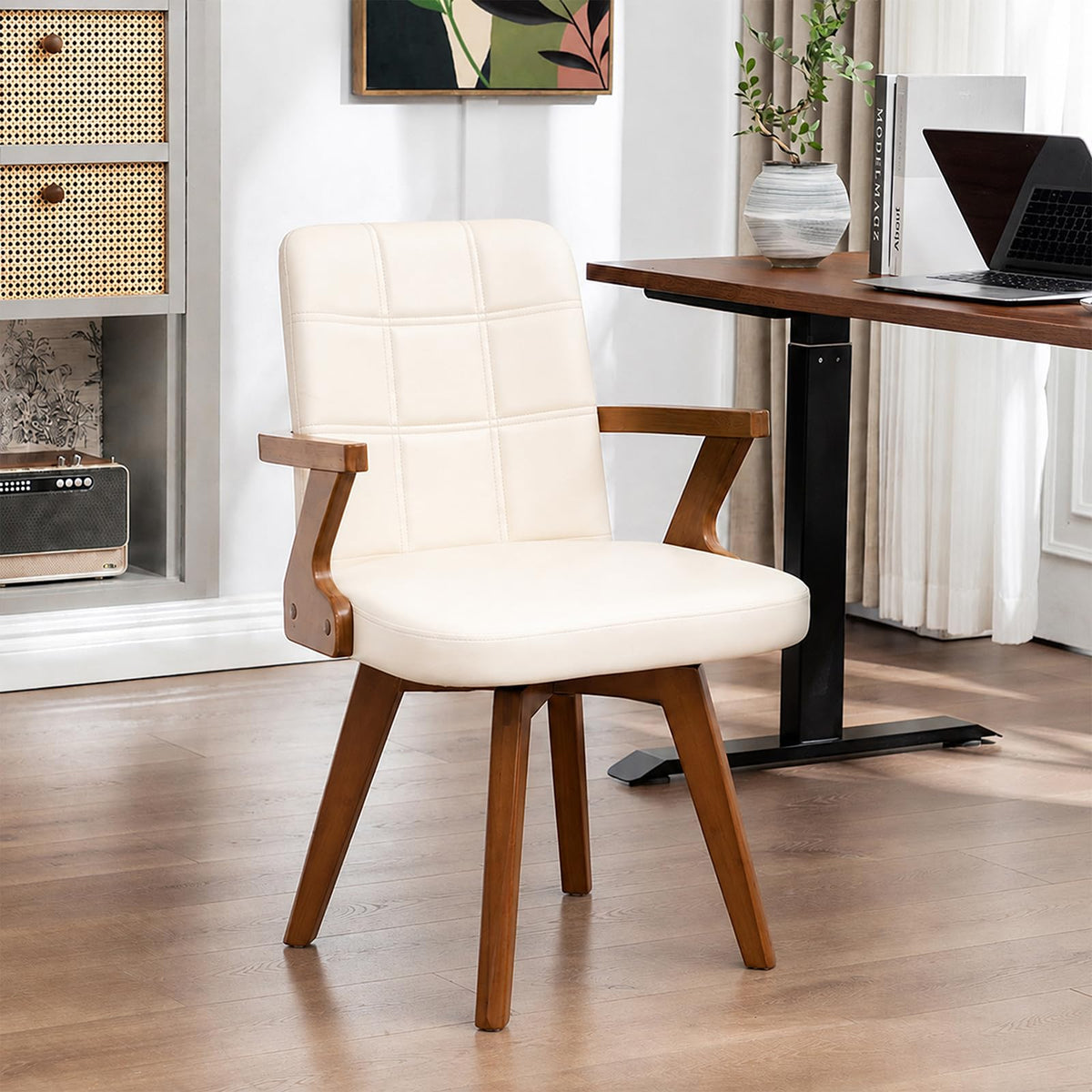 Mid Century Modern Home Office Chair with Walnut Finish, Ergonomic Faux Leather Desk Chair with Silent Rolling Wheels, Curved Back and Arms (Beige - Wooden Legs, Set of 1)