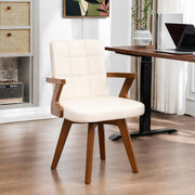 Mid Century Modern Home Office Chair with Walnut Finish, Ergonomic Faux Leather Desk Chair with Silent Rolling Wheels, Curved Back and Arms (Beige - Wooden Legs, Set of 1)