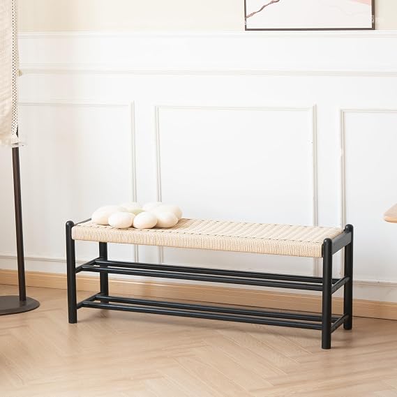 Solid Wood Woven Seat Storage Bench