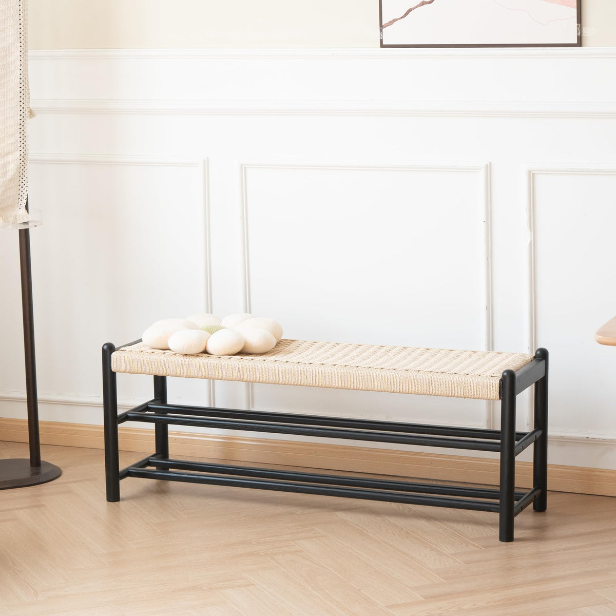 Solid Wood Woven Seat Storage Bench