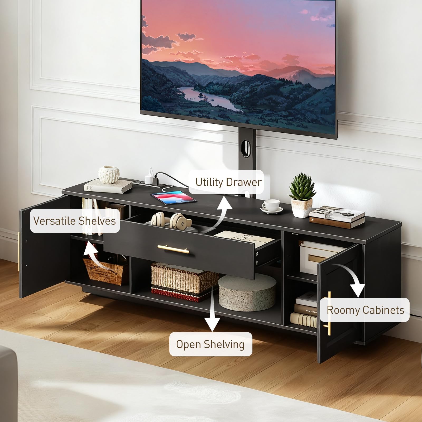 RALGEND 59" Modern TV Stand with Mount and Power Outlet, Swivel TV Stand for 32/55/65/75 inch TVs, Height Adjustable LED Entertainment Center, Media TV Console Table for Living Room, Bedroom, Black