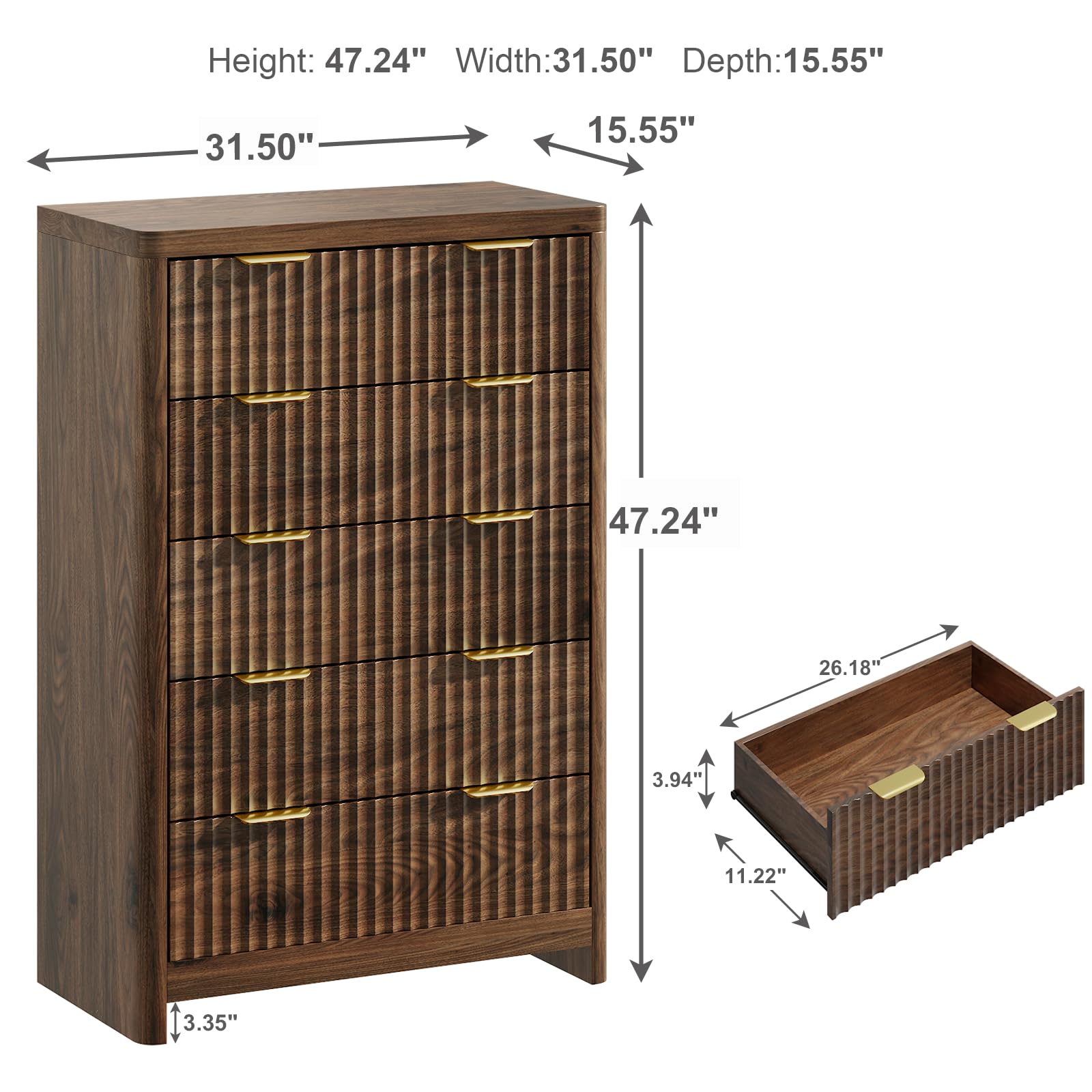 Varello Walnut Dresser for Bedroom with 5 Deep Drawers, 47" Tall Fluted Chest of Drawers with Storage & Round Corner, Mid Century Modern Closet Clothes Dresser, Wooden Storage Cabinet for Living Room