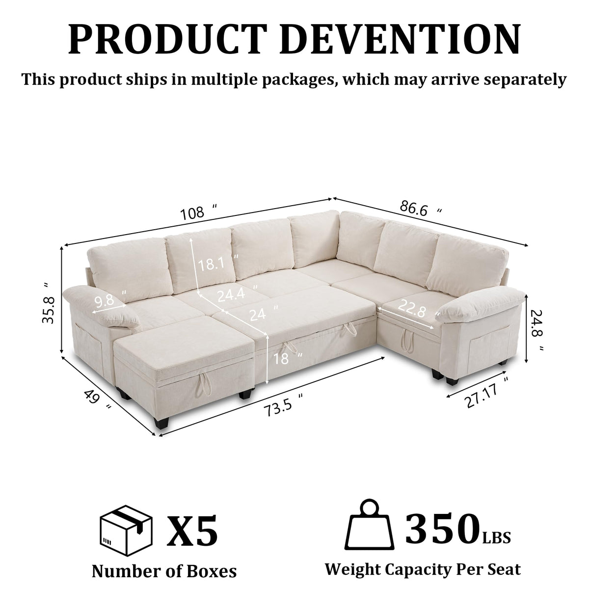 108''Modular Sectional Sleeper Sofa, L Shape Pull Out Sofa Bed with Storage