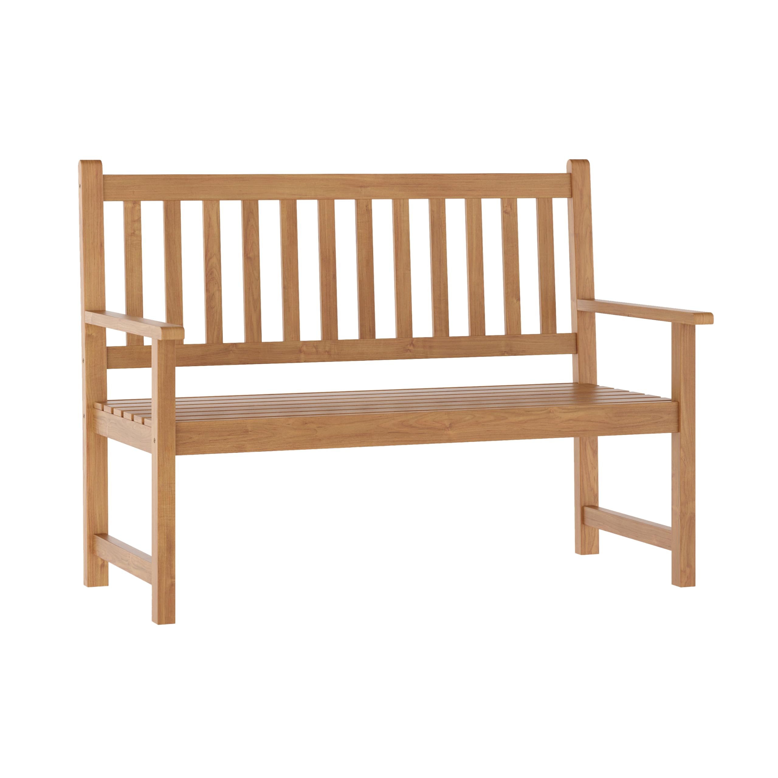 Flash Furniture Adele Commercial Indoor/Outdoor Acacia Wood Bench, 2-Person Slatted Patio Loveseat, for Use in Yard, Garden, Porch, or Park, Brown