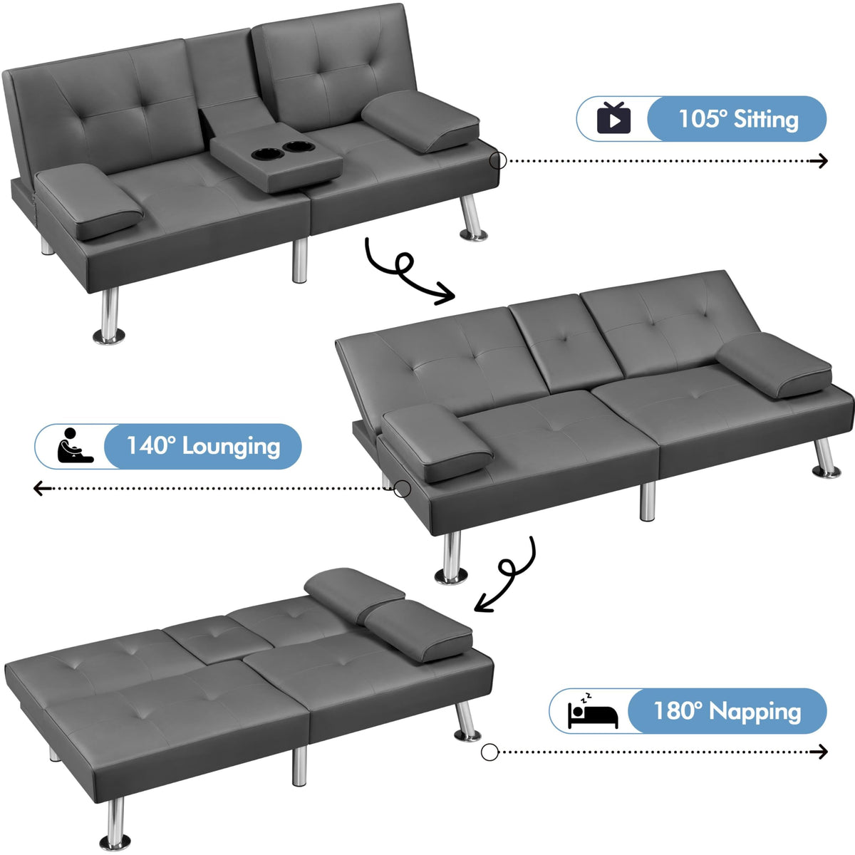 Convertible Futon Sofa Bed with Cup Holders