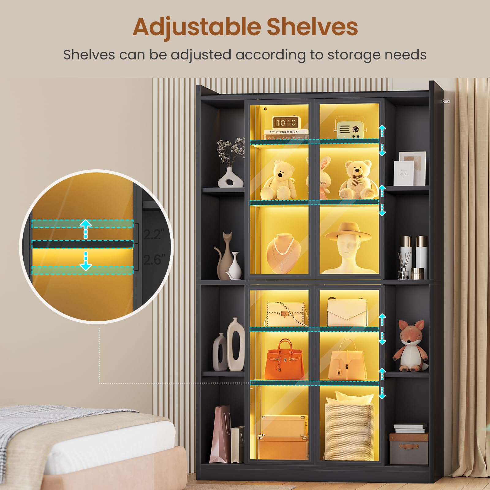 71" Glass Door Display Cabinet with RGB LED Lights & Adjustable Shelves
