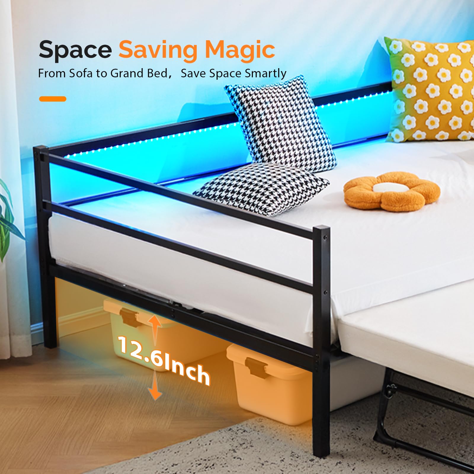 VINGLI Daybed with Trundle Bed Twin, Charging Station and LED Lights,Heavy Duty Metal Twin Daybed with Pop up Trundle for Living Room,Bedroom,Guest Room, No Box Spring Needed,Black