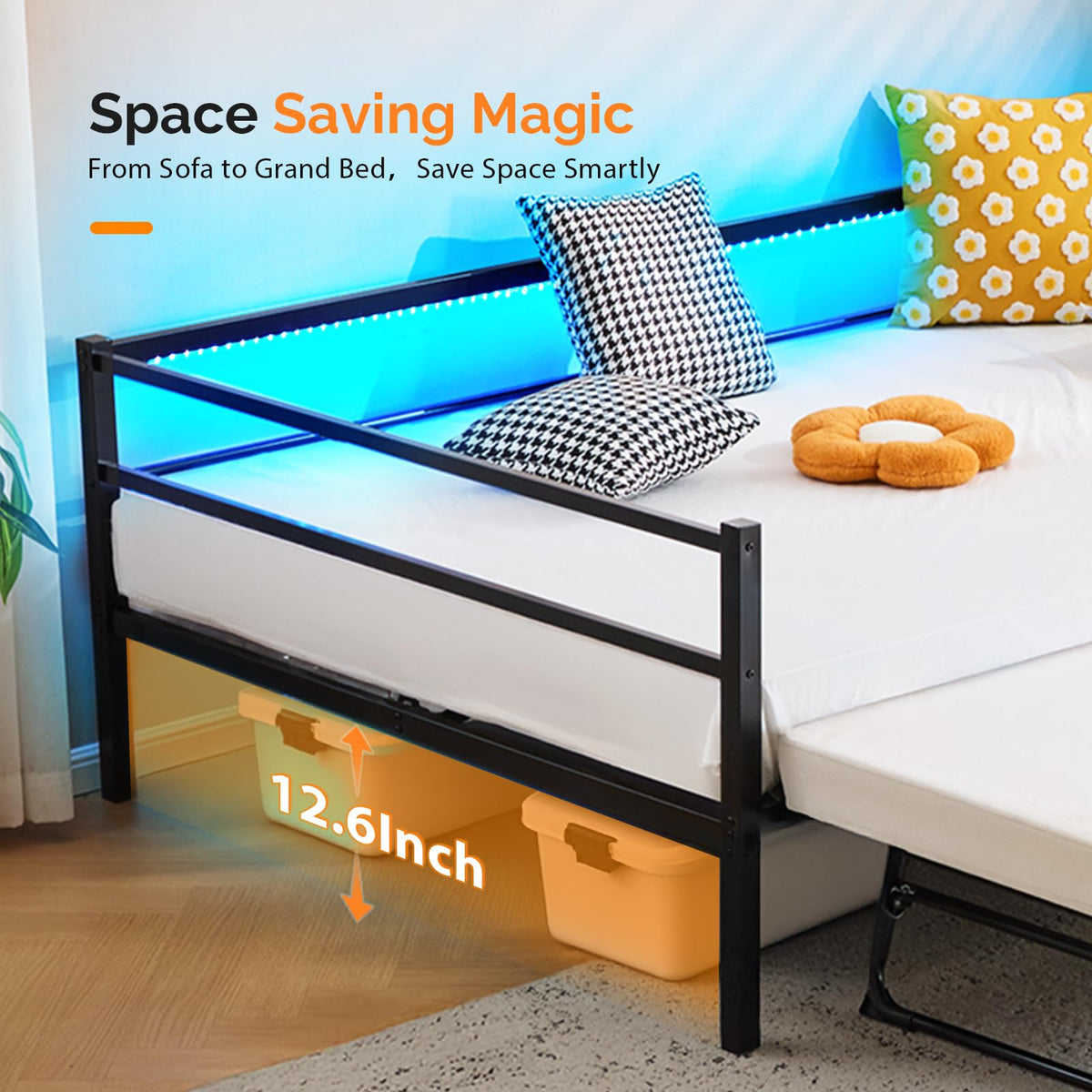 VINGLI Full Metal Daybed with Pop Up Trundle Bed Twin, Sofa Day Bed Frame with Charging Station and LED Lights, Heavy Duty Steel Slats and Pull Out Trundle for Bedroom,Guest Room,Living Room, Black