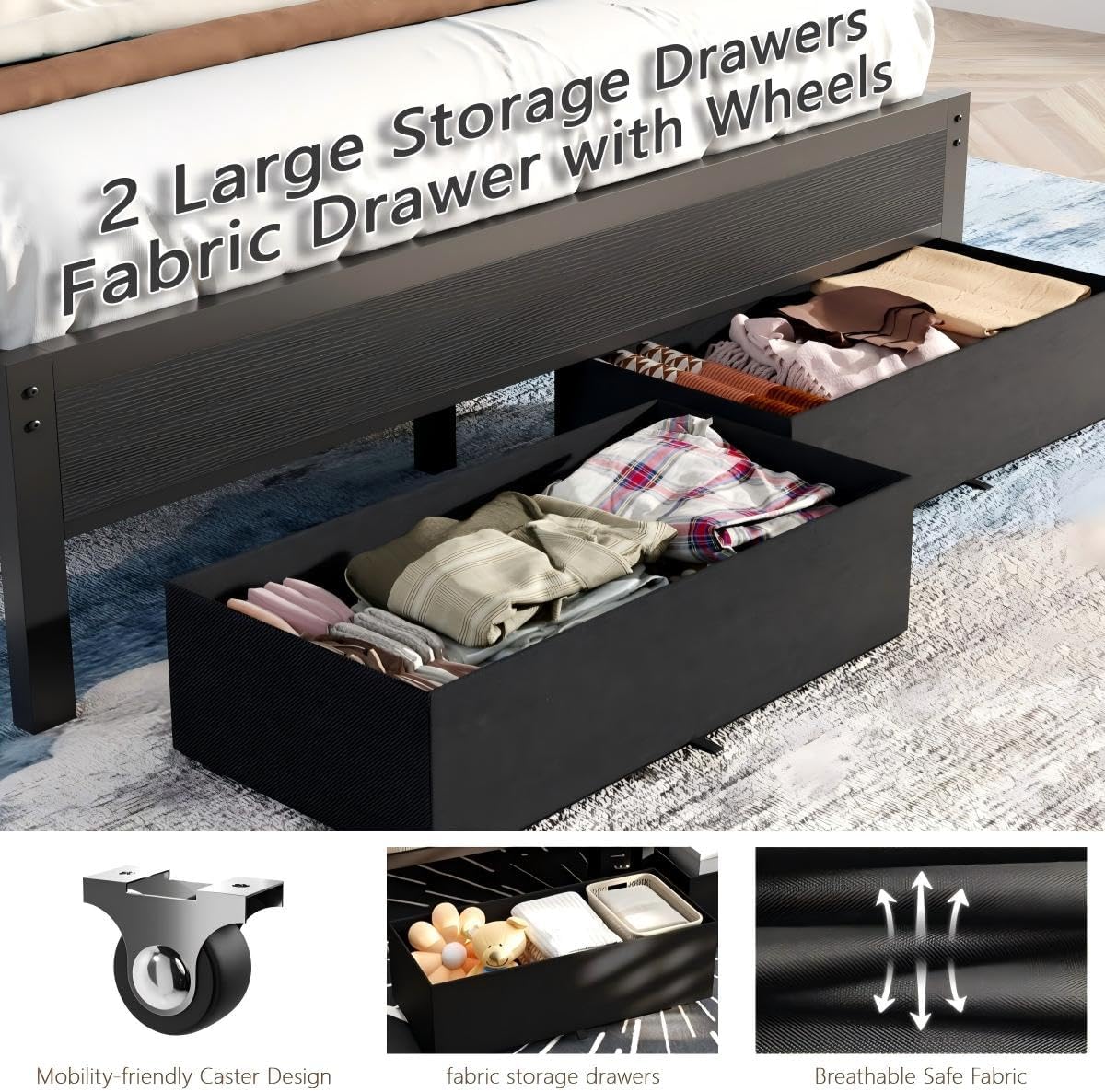 Platform Bed Frame with LED Lights, Charging Station & Storage Drawers