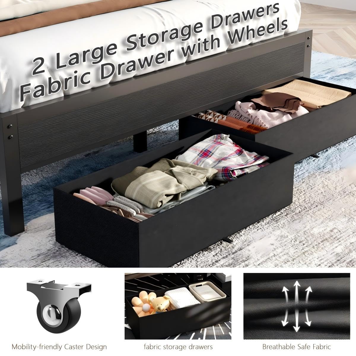 Platform Bed Frame with LED Lights, Charging Station & Storage Drawers