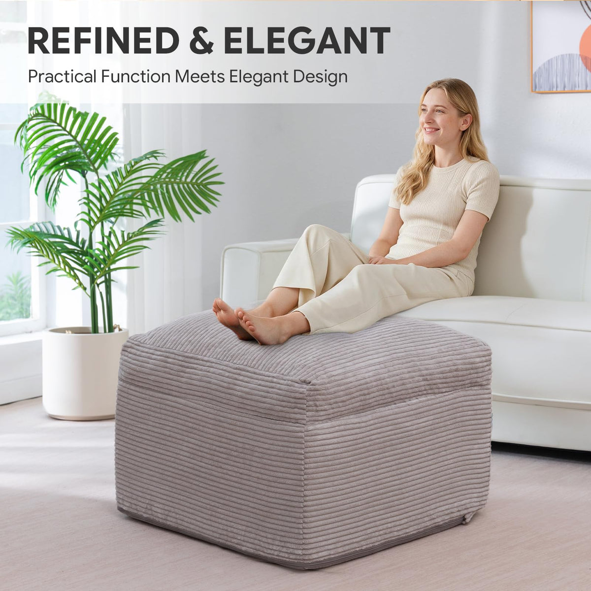 Smaour Pouf Ottoman, Corduroy Square Foot Stools with Filling, Light Grey