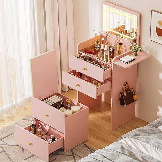 3-in-1 Vanity Desk with Mirror, Lights & Storage Stool