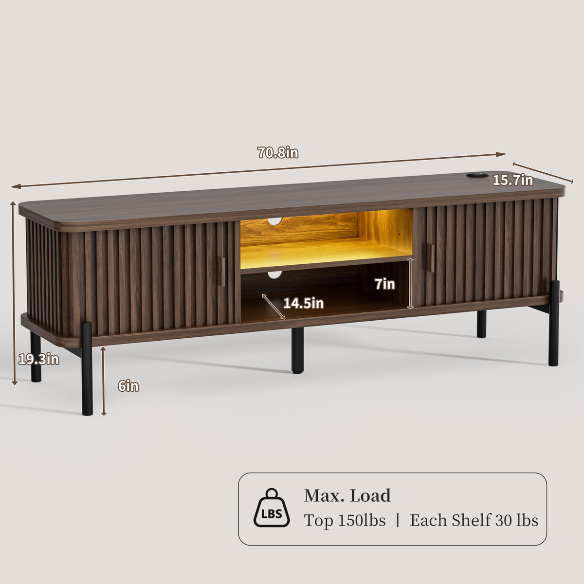 Ammora Living 70.8 Inch TV Stand for TVs up to 80 Inch, Modern Fluted Entertainment Center with Sliding Tambour Doors, Smart LED Lights, Adjustable Shelves and Storage, Mid Century TV Console, Walnut