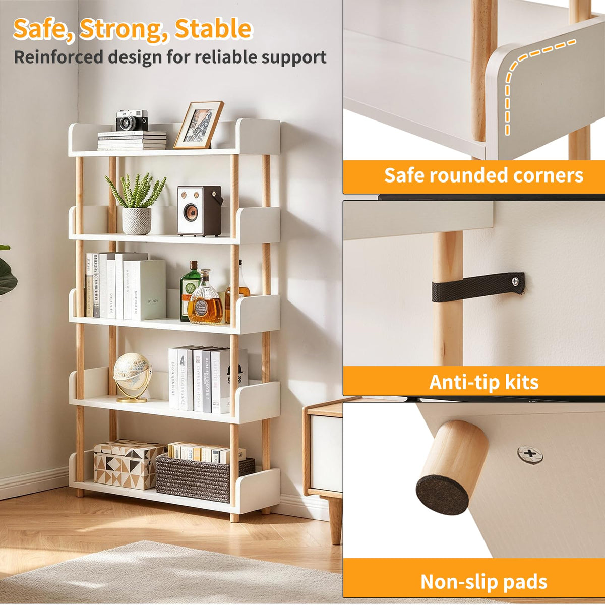 Aibiju Five-Tier Wooden Open Bookshelf - Modern Display Bookshelf for Home and Office Use, with Storage Cabinets, White YD-BC006W