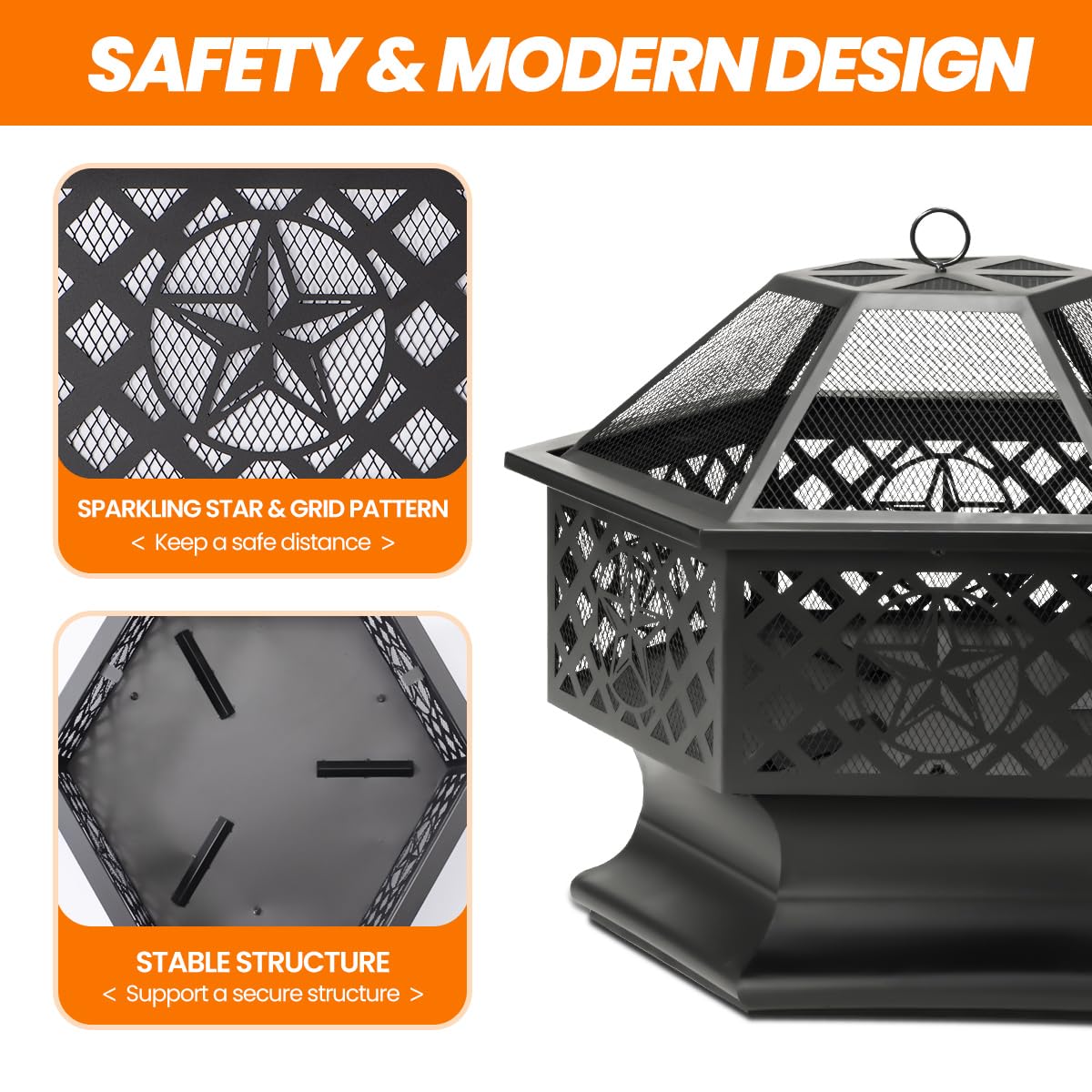 Panovue Outdoor 28 Inch Hex-Shaped Fire Pit with Spark Screen Black