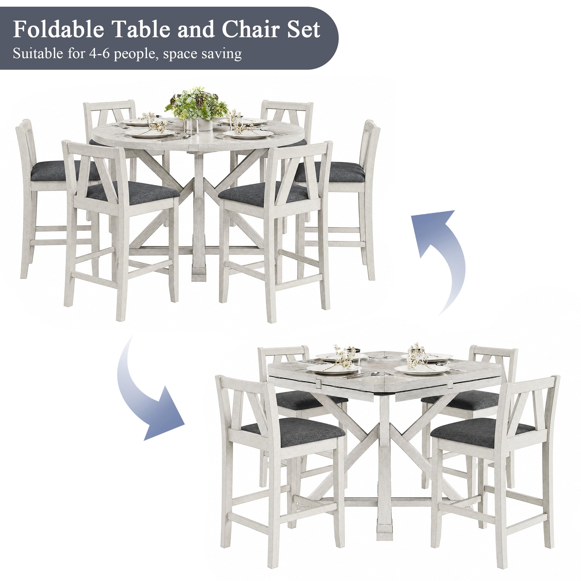 VECELO 7-Piece Solid Wood Foldable Dining Table Set for 6, Farmhouse Round Dining Table with 6 Upholstered Dining Chairs for Dining Room, Kitchen, Washed Gray